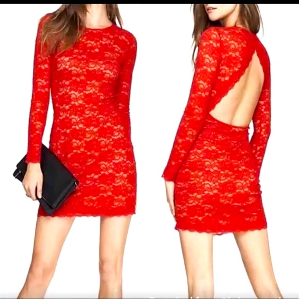 Express Dress, Red, Lace, Long Sleeve Mini, Size Small